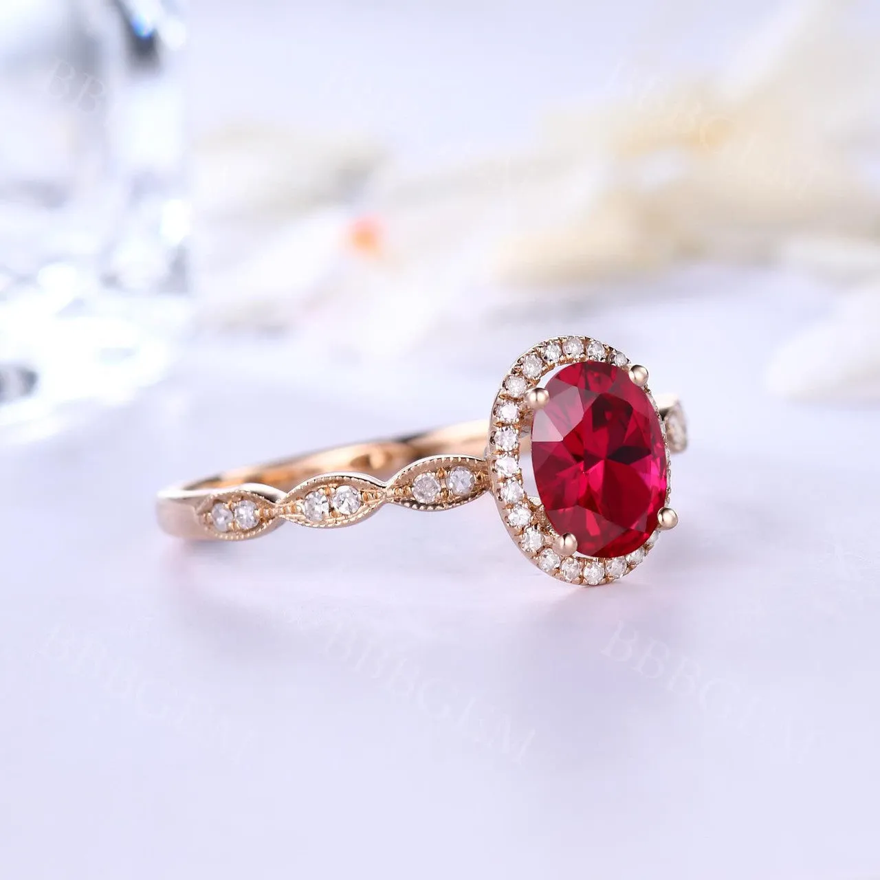 Diamond Halo Oval Pink Ruby Engagement Ring Birthstone in 14k Rose Gold Scalloped Band