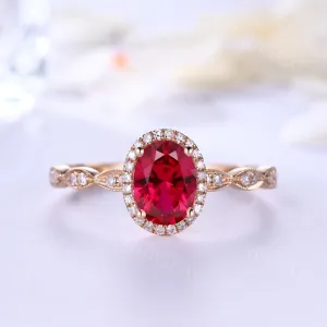 Diamond Halo Oval Pink Ruby Engagement Ring Birthstone in 14k Rose Gold Scalloped Band