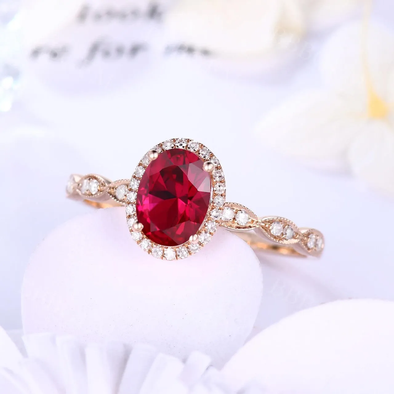 Diamond Halo Oval Pink Ruby Engagement Ring Birthstone in 14k Rose Gold Scalloped Band