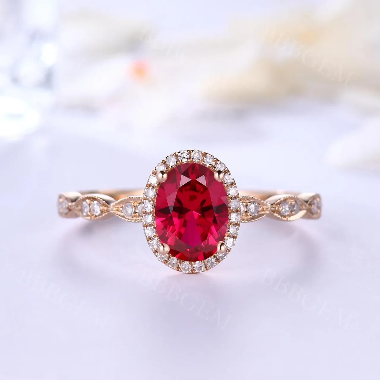 Diamond Halo Oval Pink Ruby Engagement Ring Birthstone in 14k Rose Gold Scalloped Band