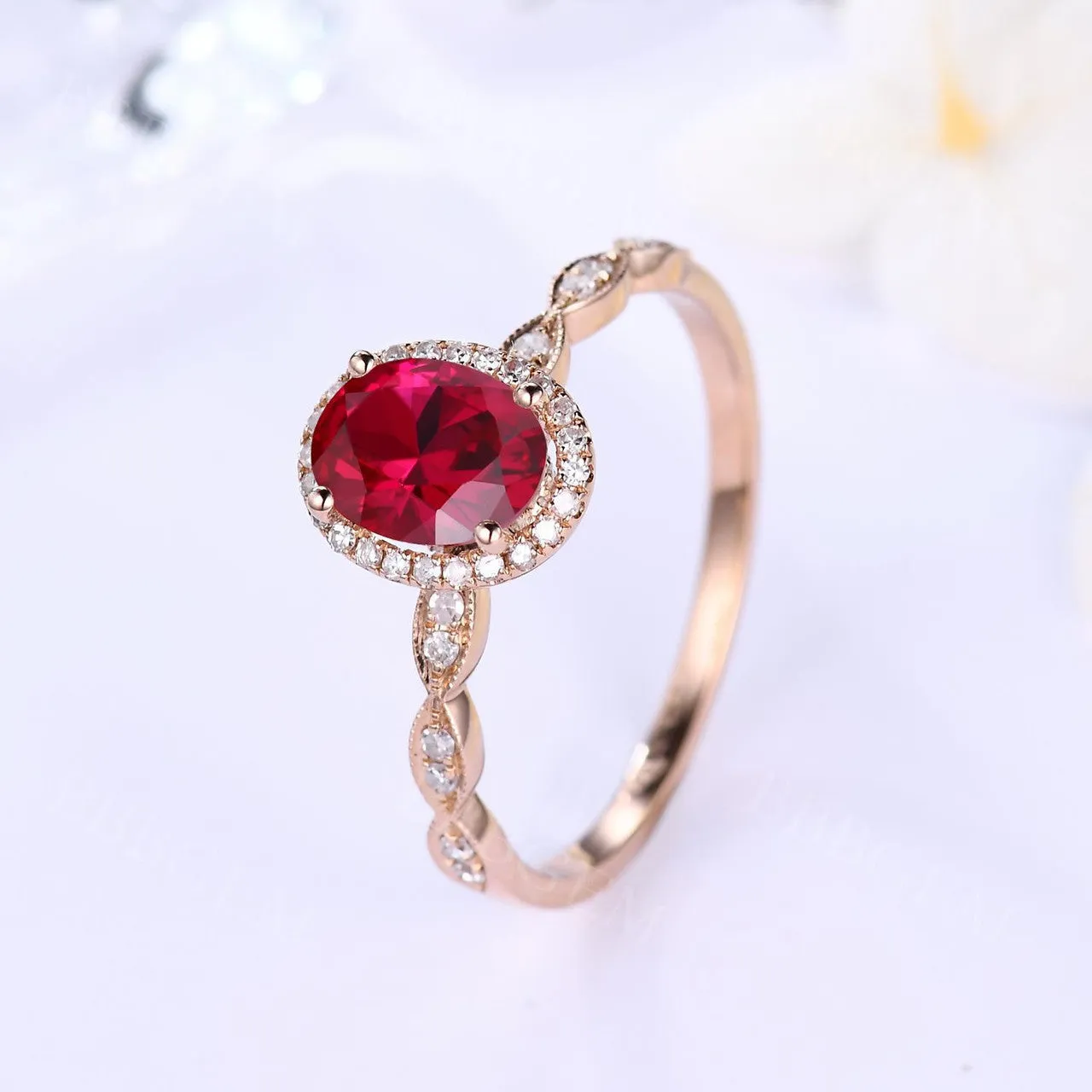 Diamond Halo Oval Pink Ruby Engagement Ring Birthstone in 14k Rose Gold Scalloped Band