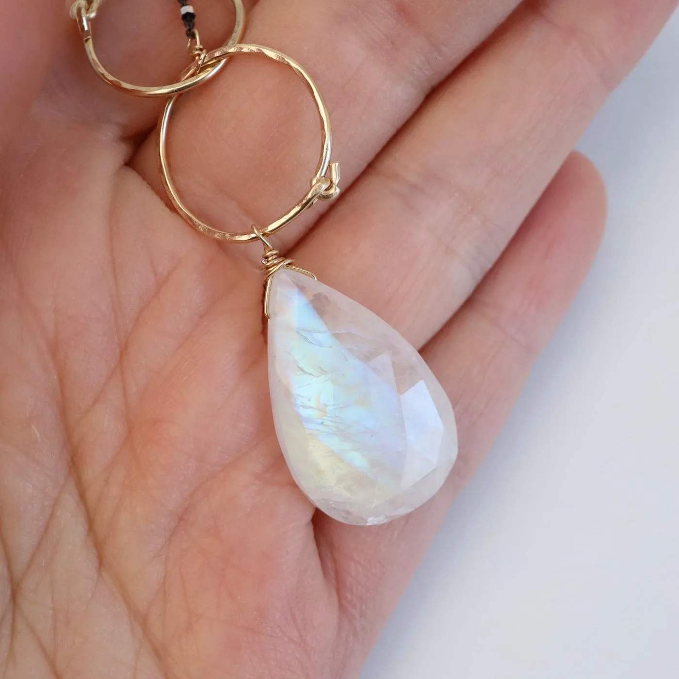 Double Gold Filled Rings with Large Rainbow Moonstone Necklace