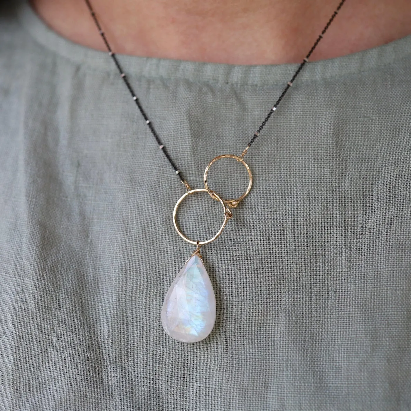 Double Gold Filled Rings with Large Rainbow Moonstone Necklace