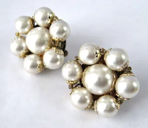 Earrings 1950s Faux Pearl Cluster Clip Gold Filigree Caps Glass Bead Spacers