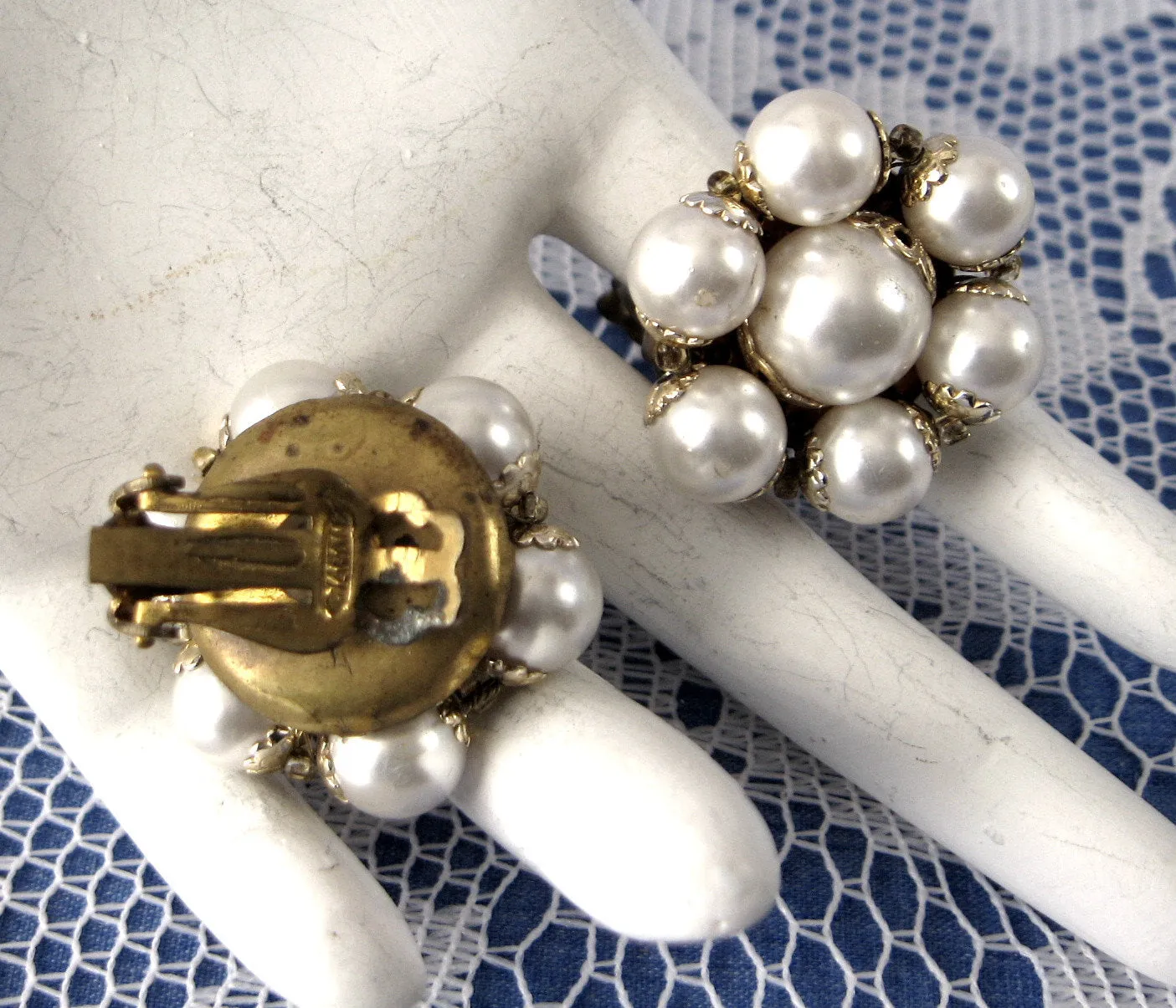 Earrings 1950s Faux Pearl Cluster Clip Gold Filigree Caps Glass Bead Spacers