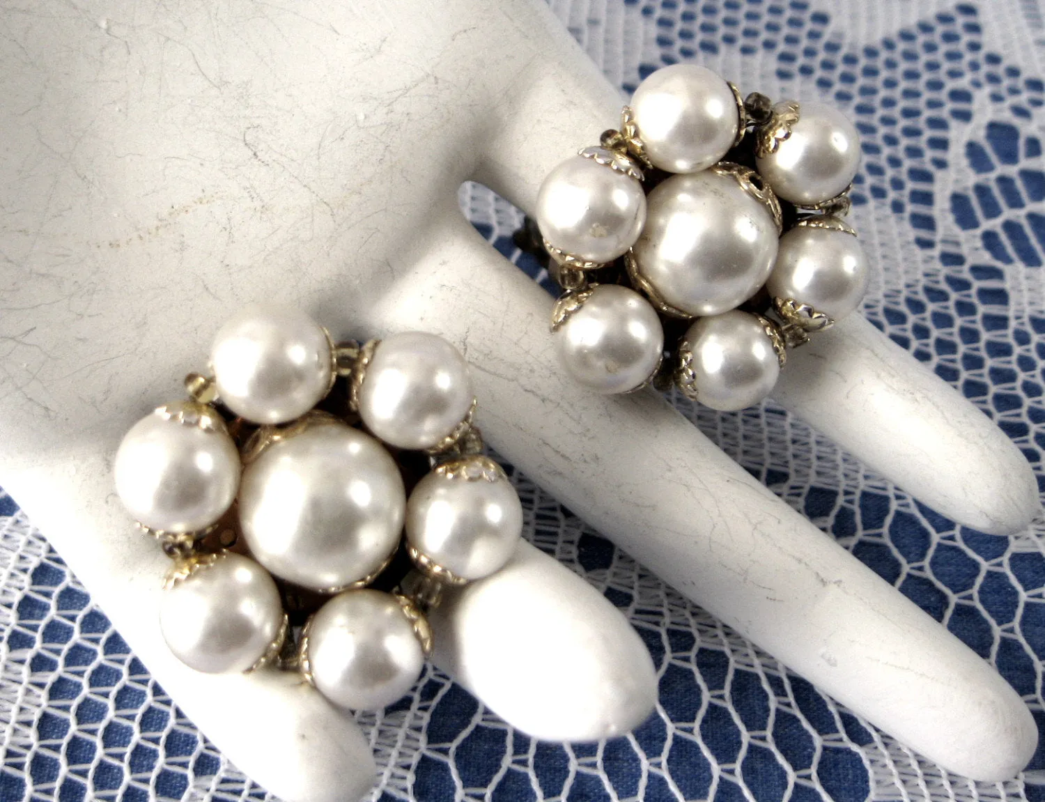 Earrings 1950s Faux Pearl Cluster Clip Gold Filigree Caps Glass Bead Spacers