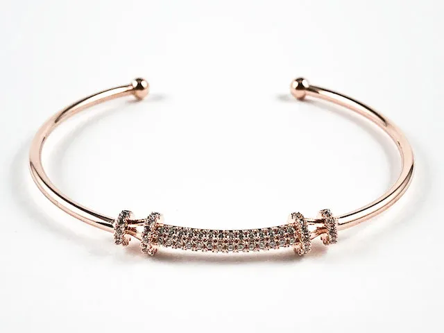 Elegant Center Long Curved Pave CZ Bar Thin Band Brass Cuff Bangle