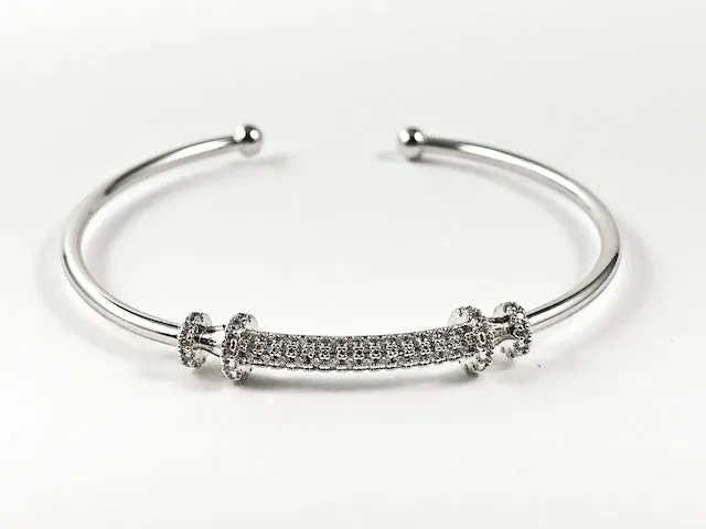 Elegant Center Long Curved Pave CZ Bar Thin Band Brass Cuff Bangle