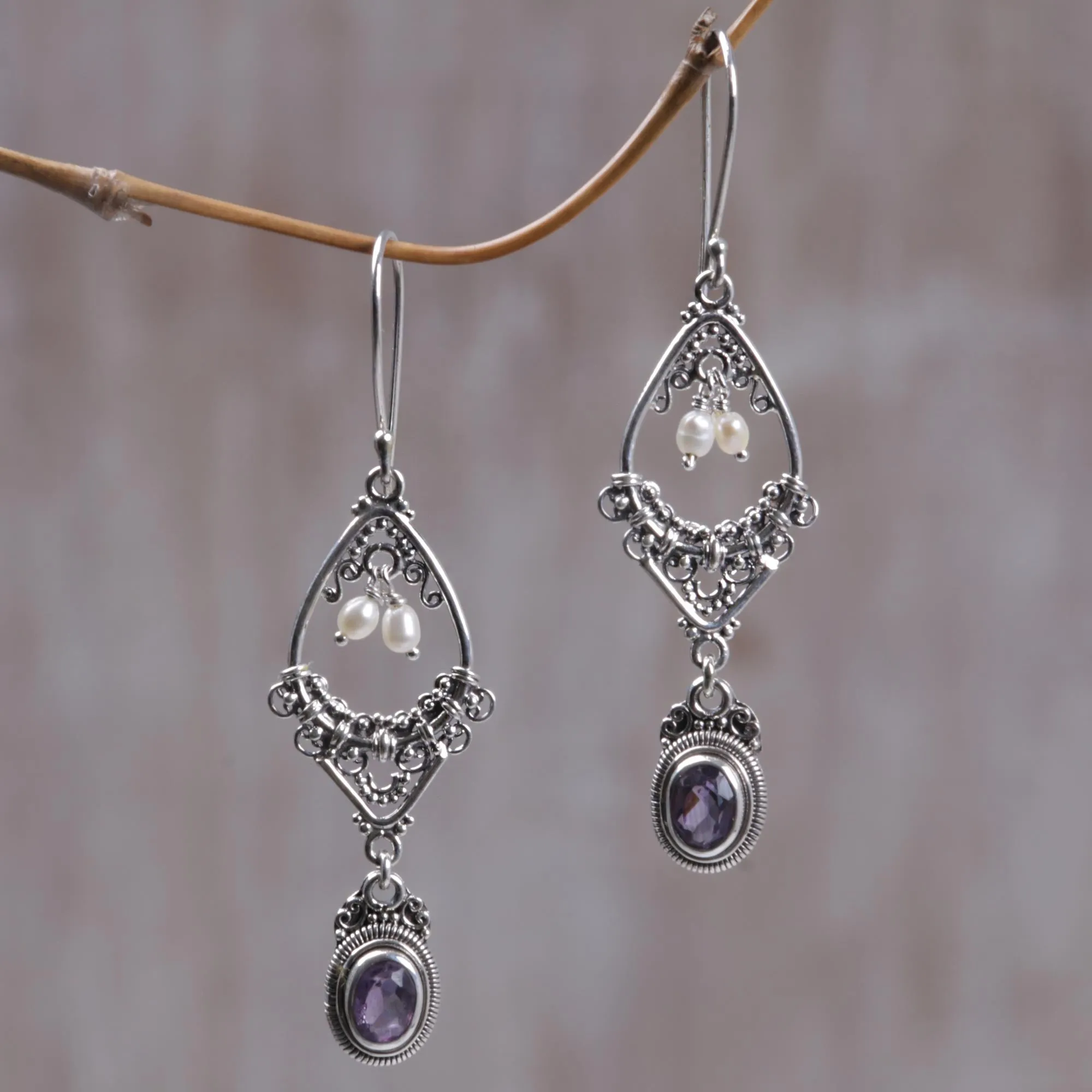 Empress Amethyst and pearl flower earrings