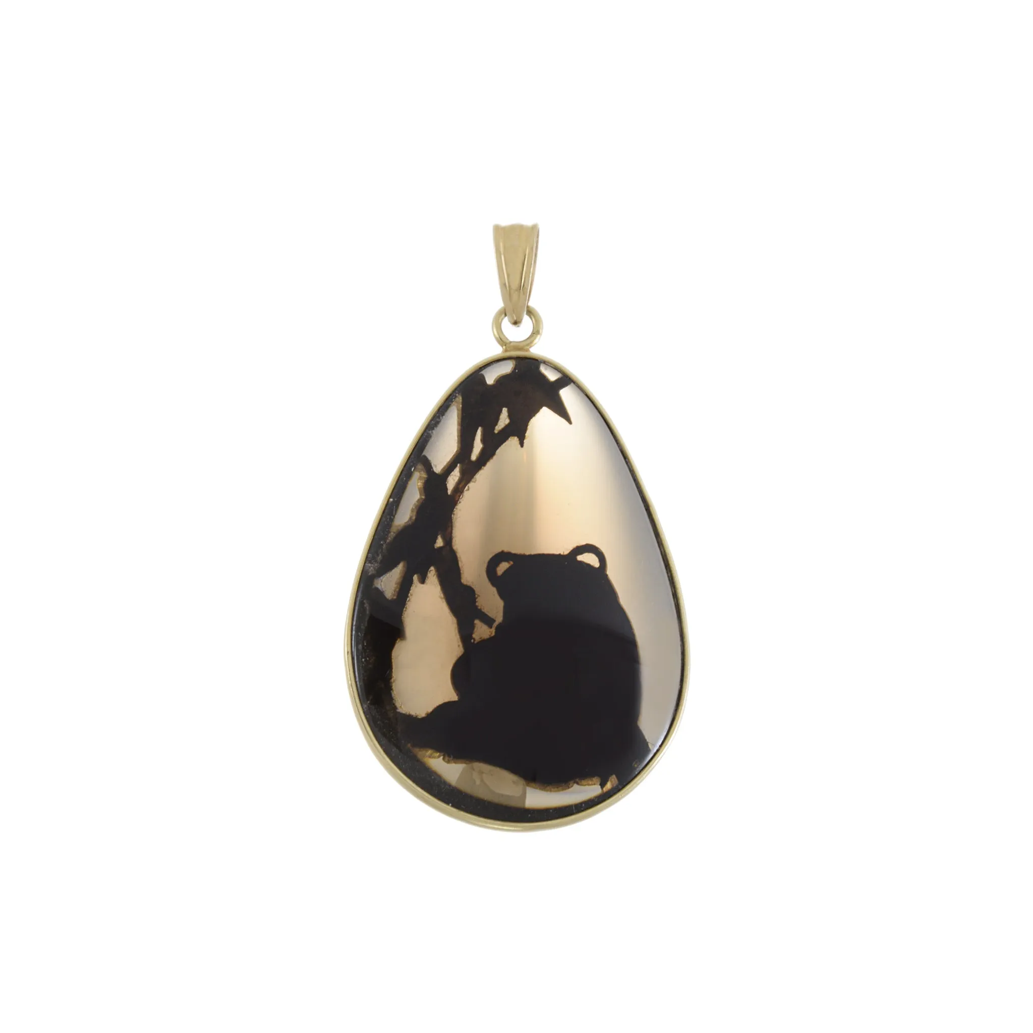 Estate 14KT Yellow Gold Tear Drop Smokey Quartz Panda Pendant