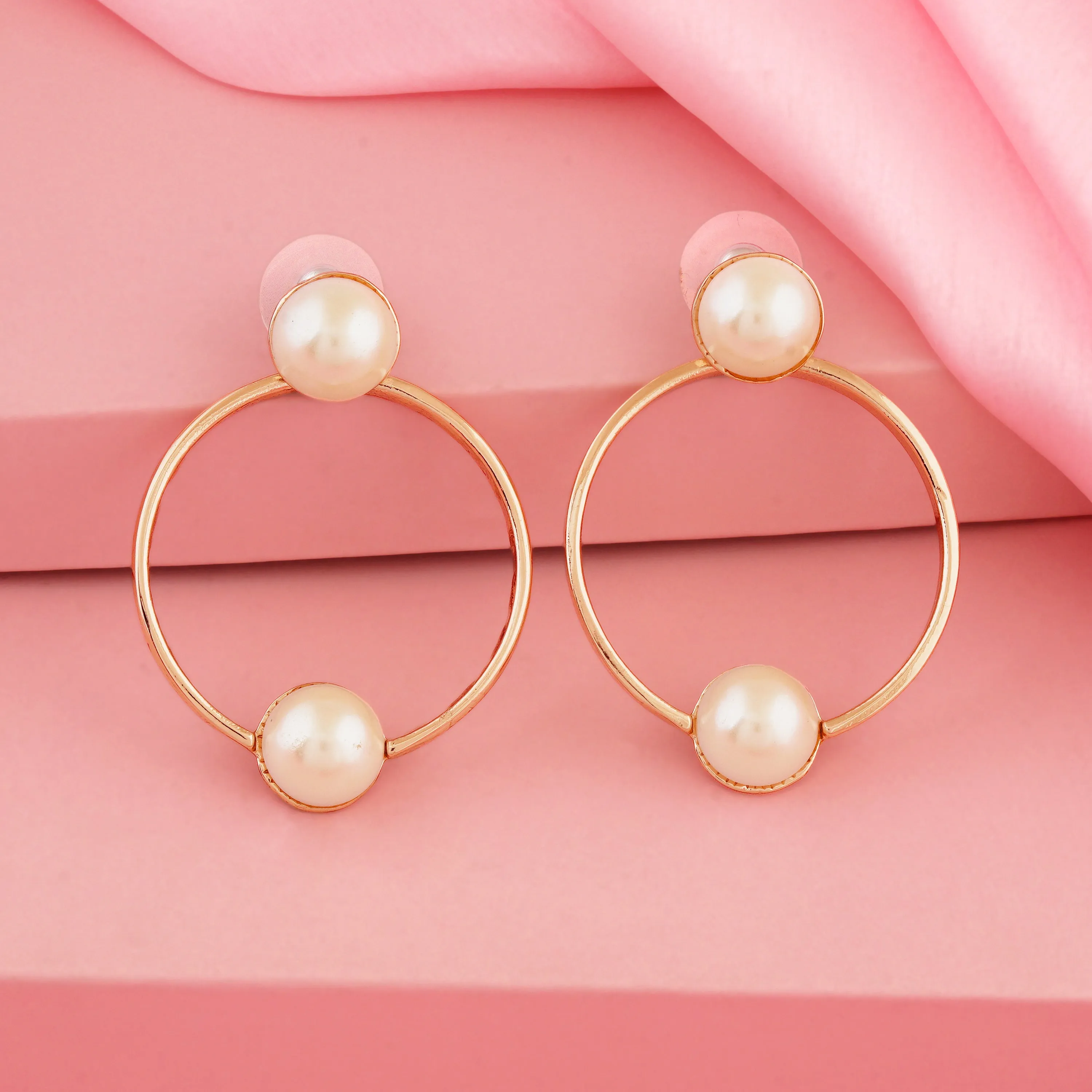 Estele Gold Plated Bold Ring Pearl studded Earrings for women