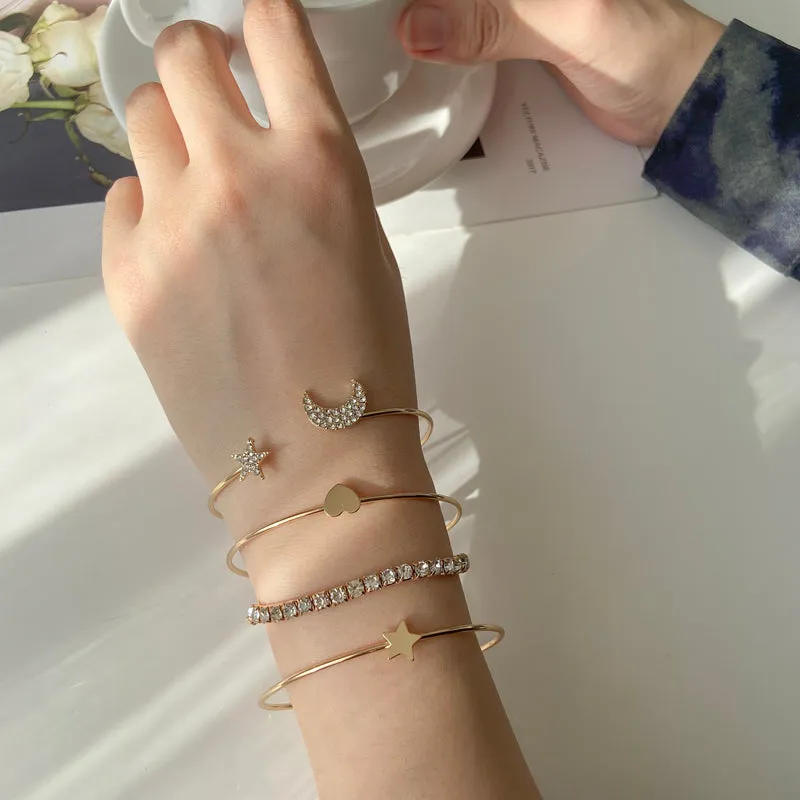 Fashion Bohemian Gold Star Moon Bracelet Open Bracelet Set For Women Punk Boho Beach Bangle Jewelry Gift