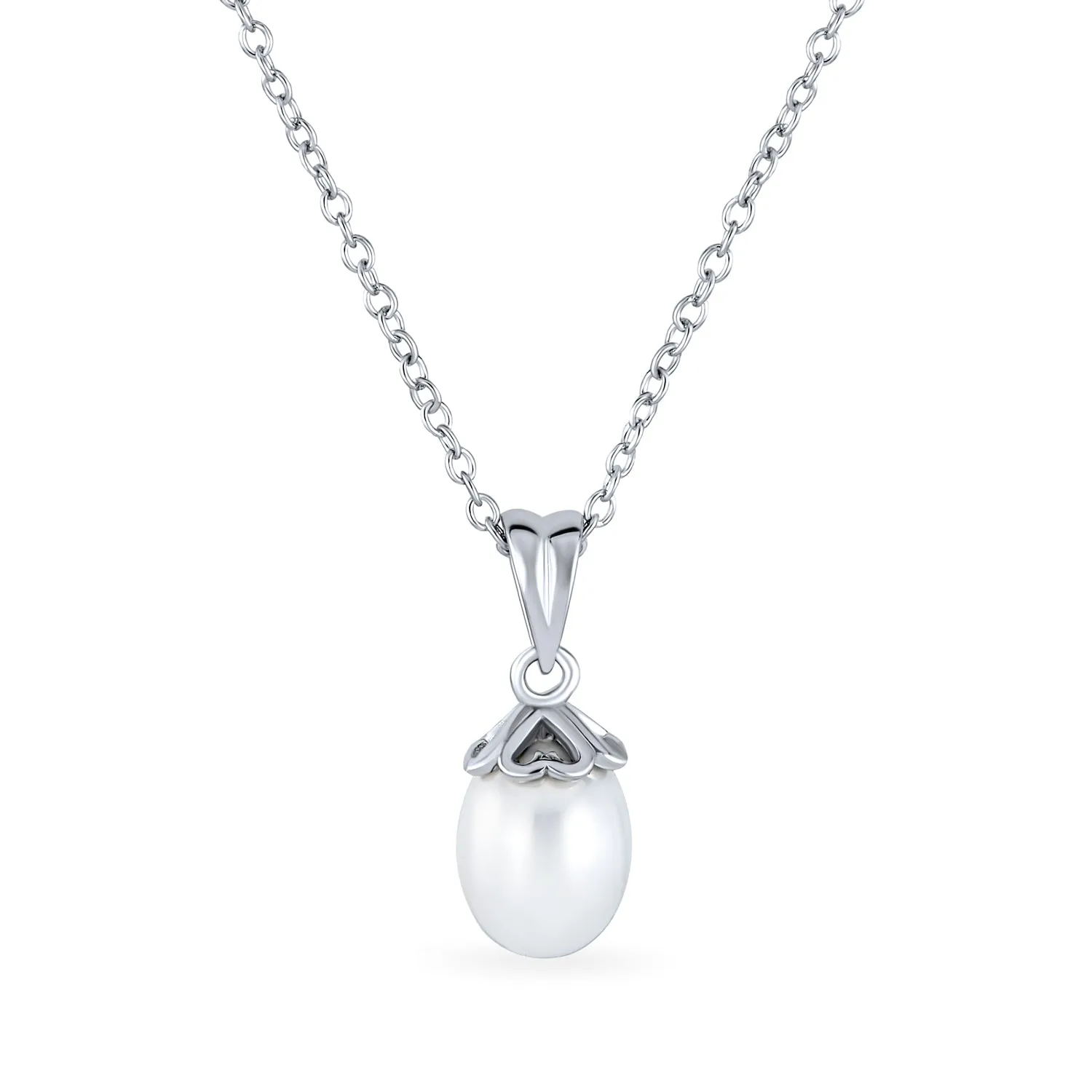 Feminine Romantic Hearts 9MM Pearl Pendant Necklace in Sterling Silver