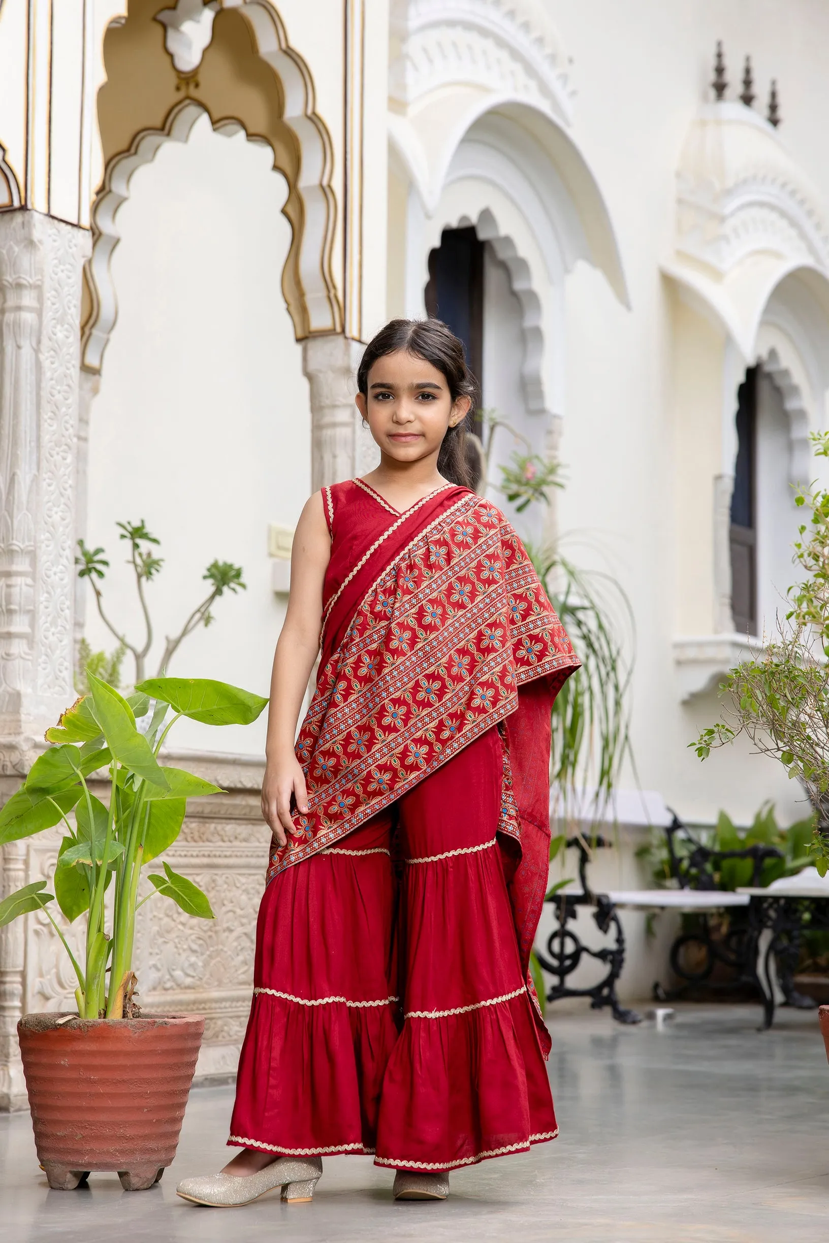 Girls Ethnic Pre-Drapped Sharara Saree