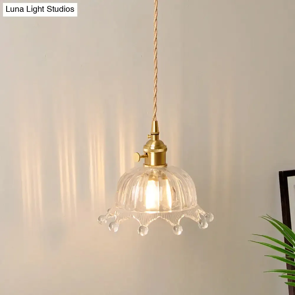 Glass Crown Pendant Lamp with Carved Design - Kids Bedroom Lighting in Brass