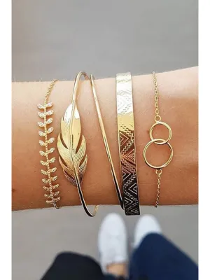 Gold 5Pcs Bohemian Leaf Adjustable Plated Bracelet Set