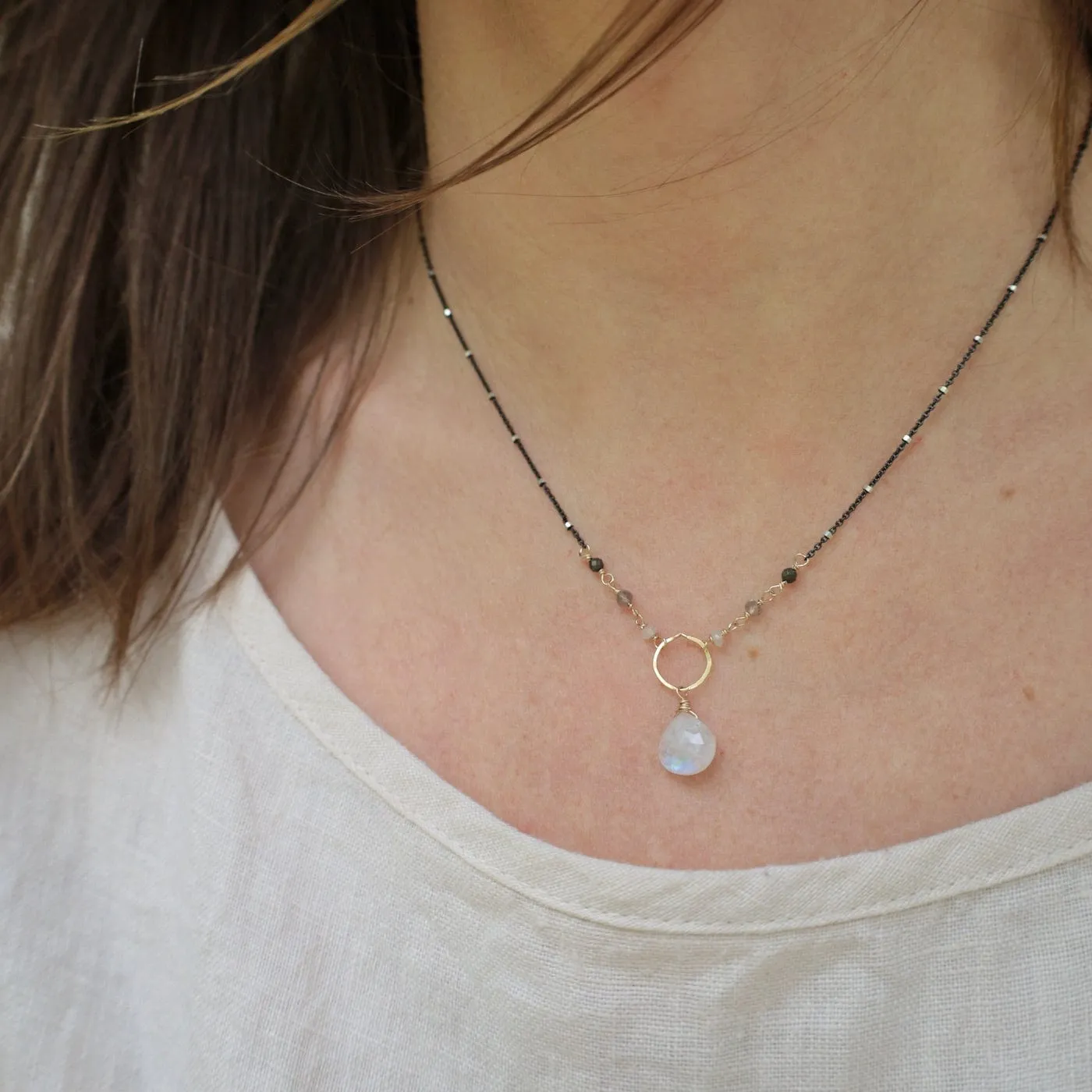 Gold Filled Ring with Rainbow Moonstone Drop Necklace