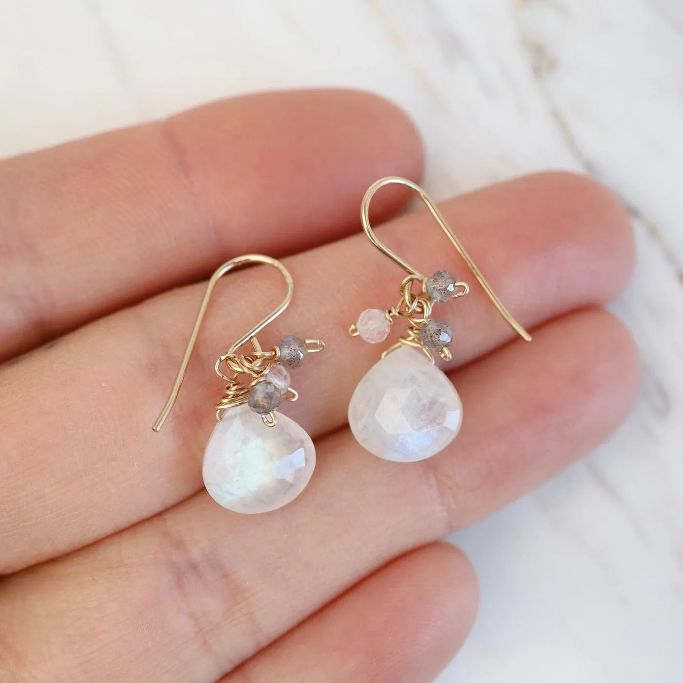 Gold Filled Rondelle Cluster with Rainbow Moonstone Earring