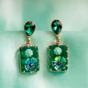 Gold Plated Green Rhinestone Flower Earring