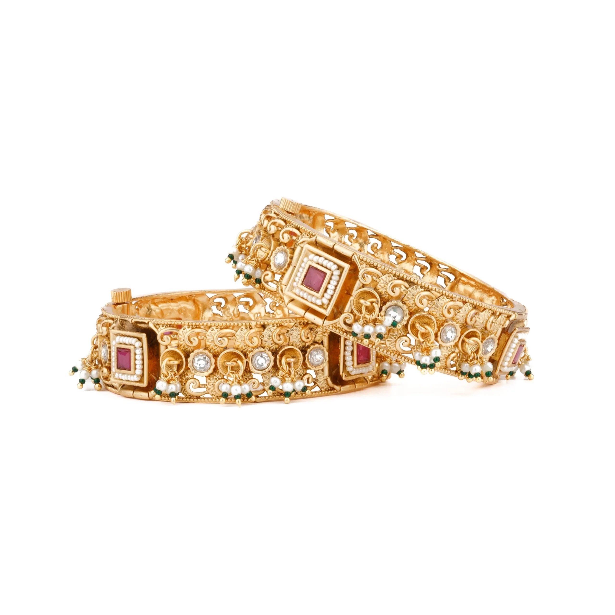 Gold Plated Kundan &  Red Onyx Stone Bangles, Set of 2