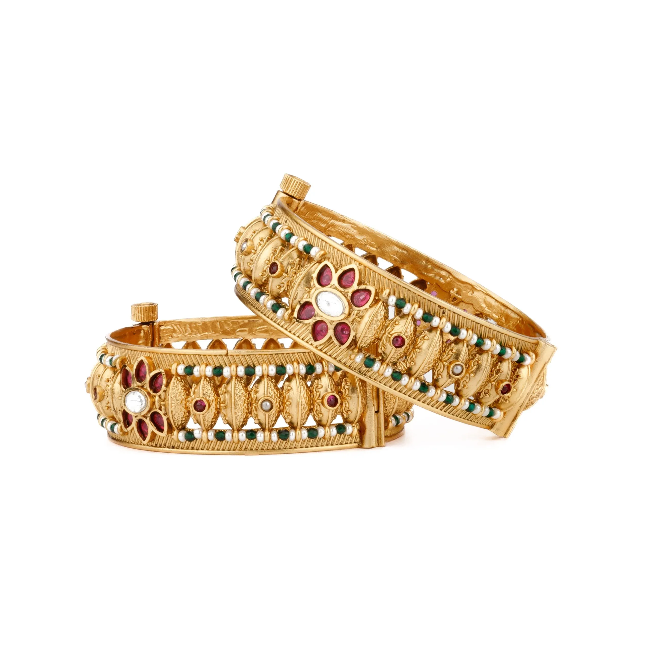 Gold Plated Kundan &  Red Onyx Stone Studded Flower With Multi Colour Pearls Bangles, Set of 2