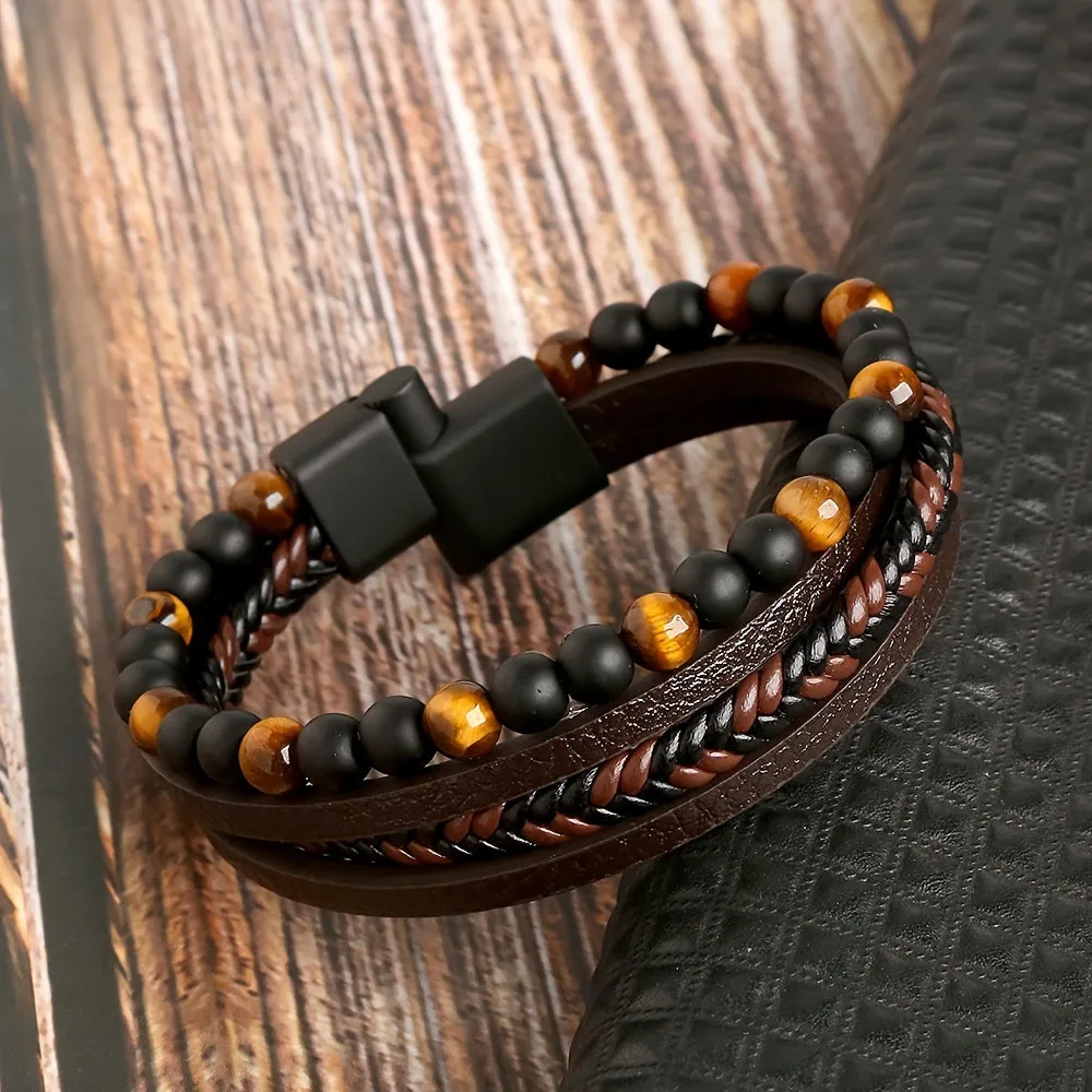 Handcrafted Tiger Eye Beaded Leather Bracelet  Punk Style