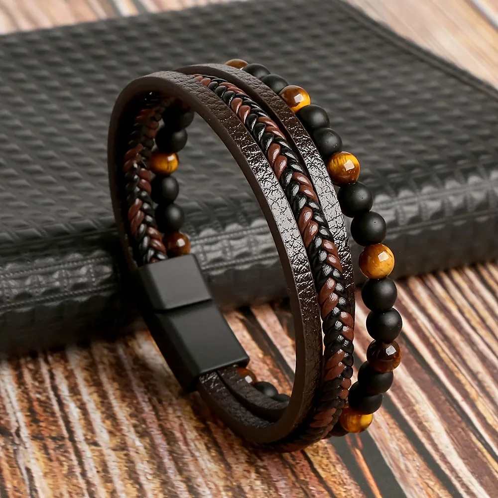 Handcrafted Tiger Eye Beaded Leather Bracelet  Punk Style