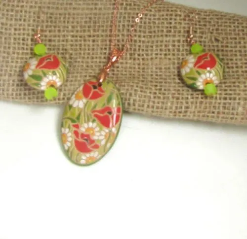 Handmade Artisan Pendant Necklace & Earrings Floral Design