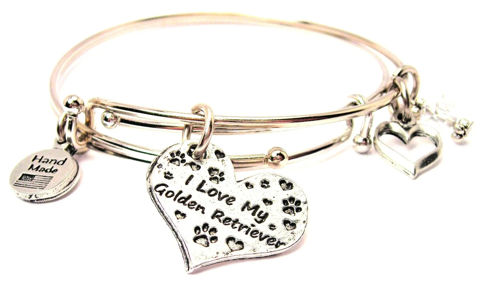 I Love My Golden Retriever Heart With Paws Expandable Bangle Bracelet Set