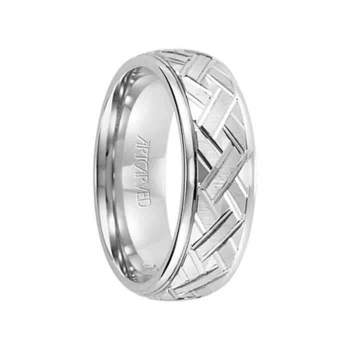 INCARNATION 14k White Gold Wedding Band Criss Cross Center Design Brushed Finish with Stepped Edges by Artcarved - 6 mm