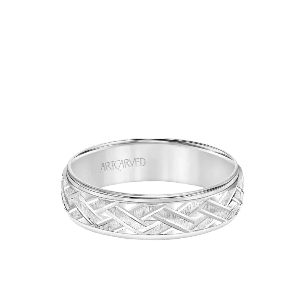 INCARNATION 14k White Gold Wedding Band Criss Cross Center Design Brushed Finish with Stepped Edges by Artcarved - 6 mm