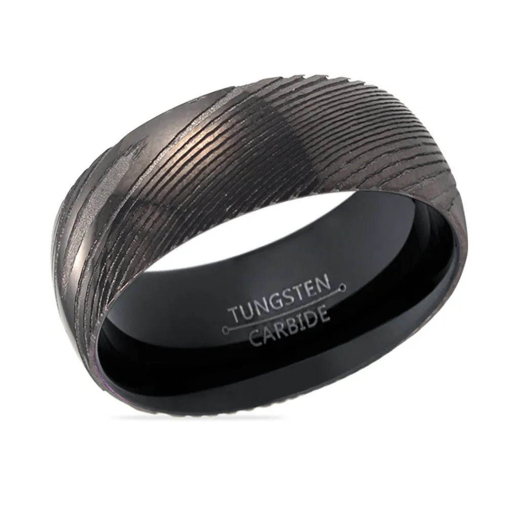 JACKAL | Black Ring, Gunmetal Damascus Steel Ring, Domed