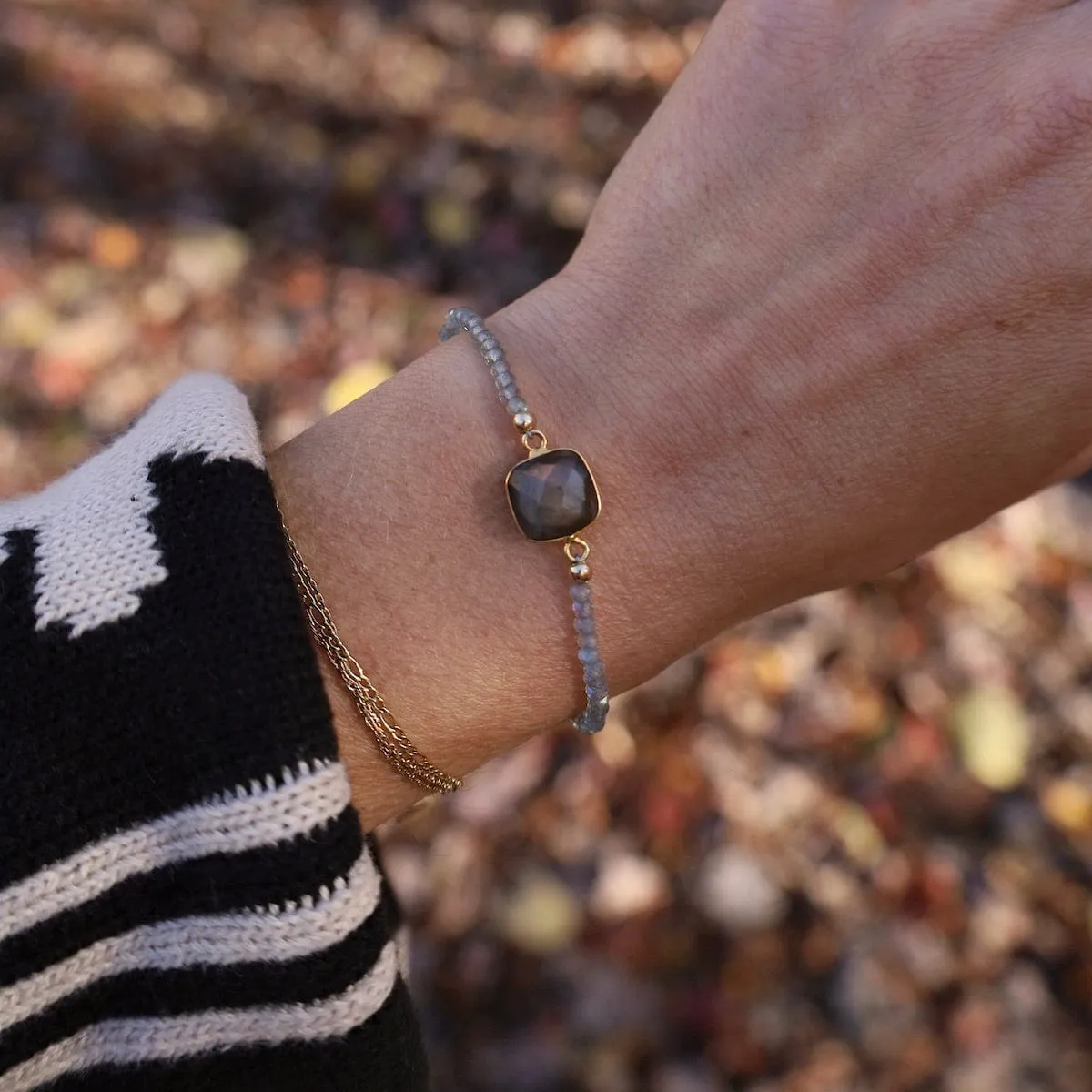 Labradorite Beads with Square Labradorite Link Bracelet