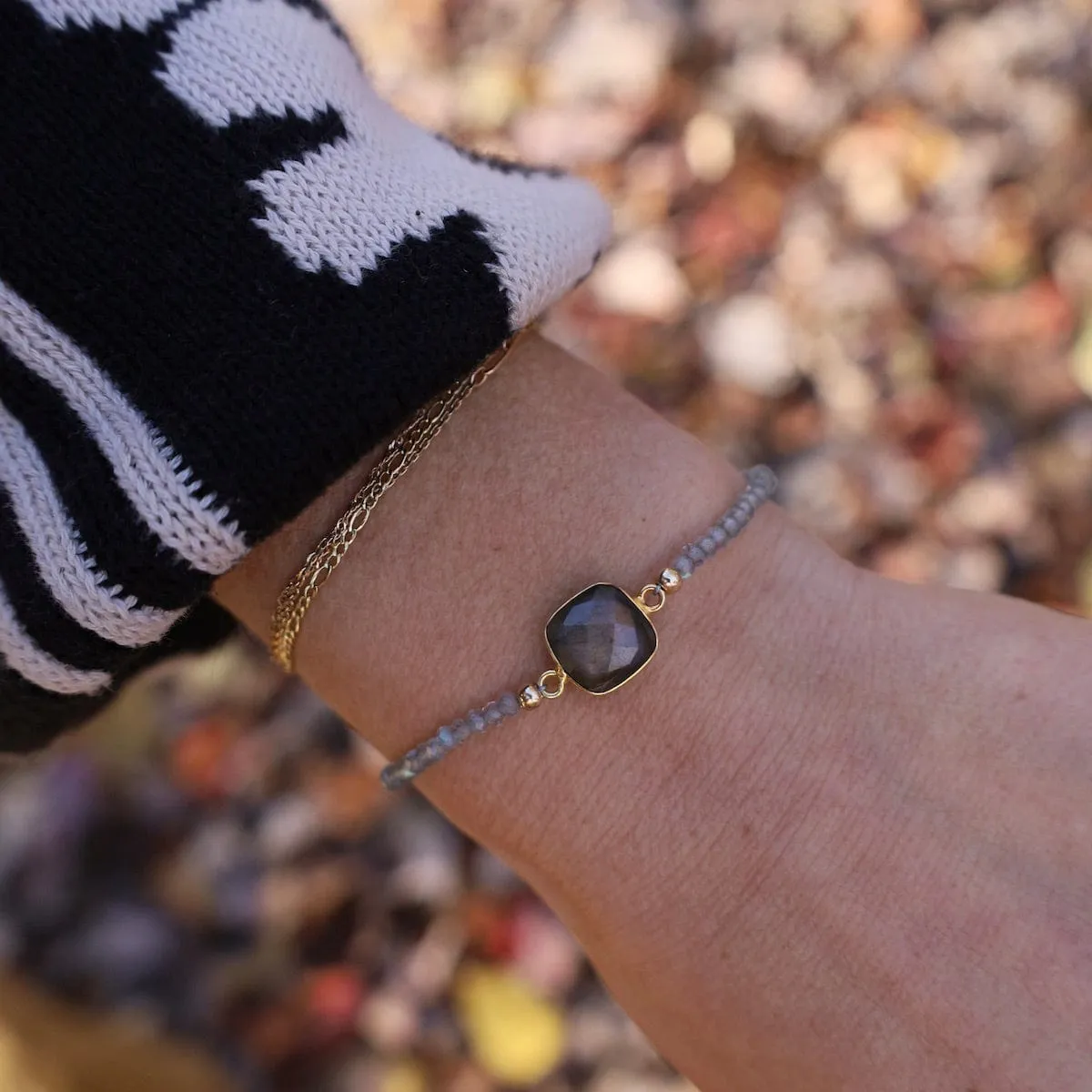 Labradorite Beads with Square Labradorite Link Bracelet