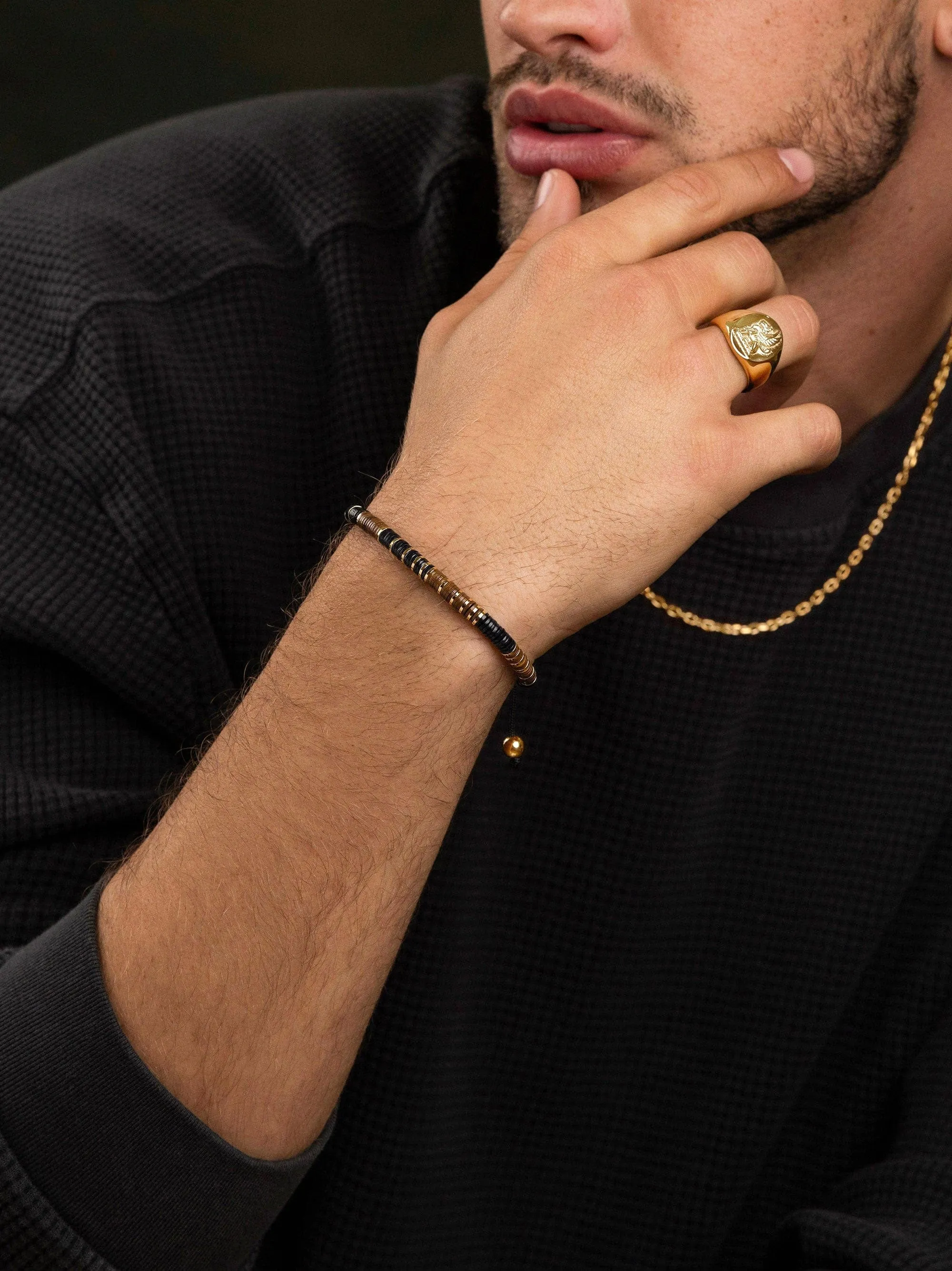 Men's Beaded Bracelet with Black, Brown and Gold Disc Beads