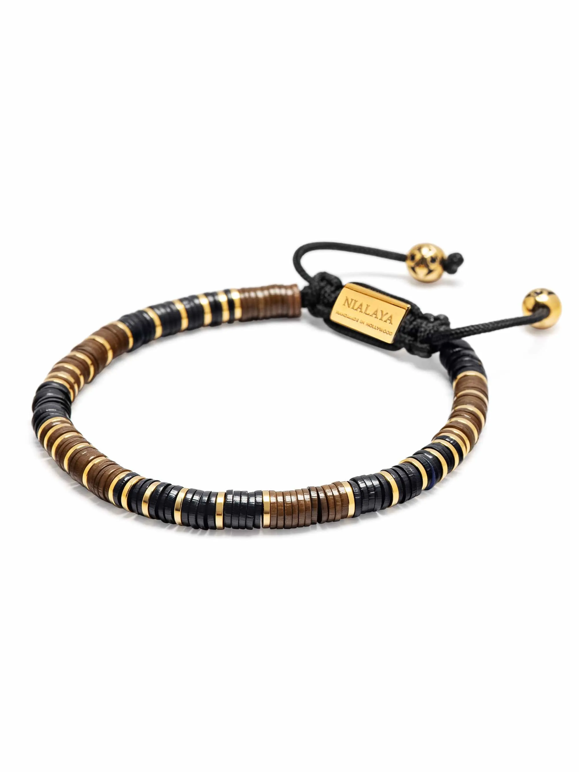 Men's Beaded Bracelet with Black, Brown and Gold Disc Beads