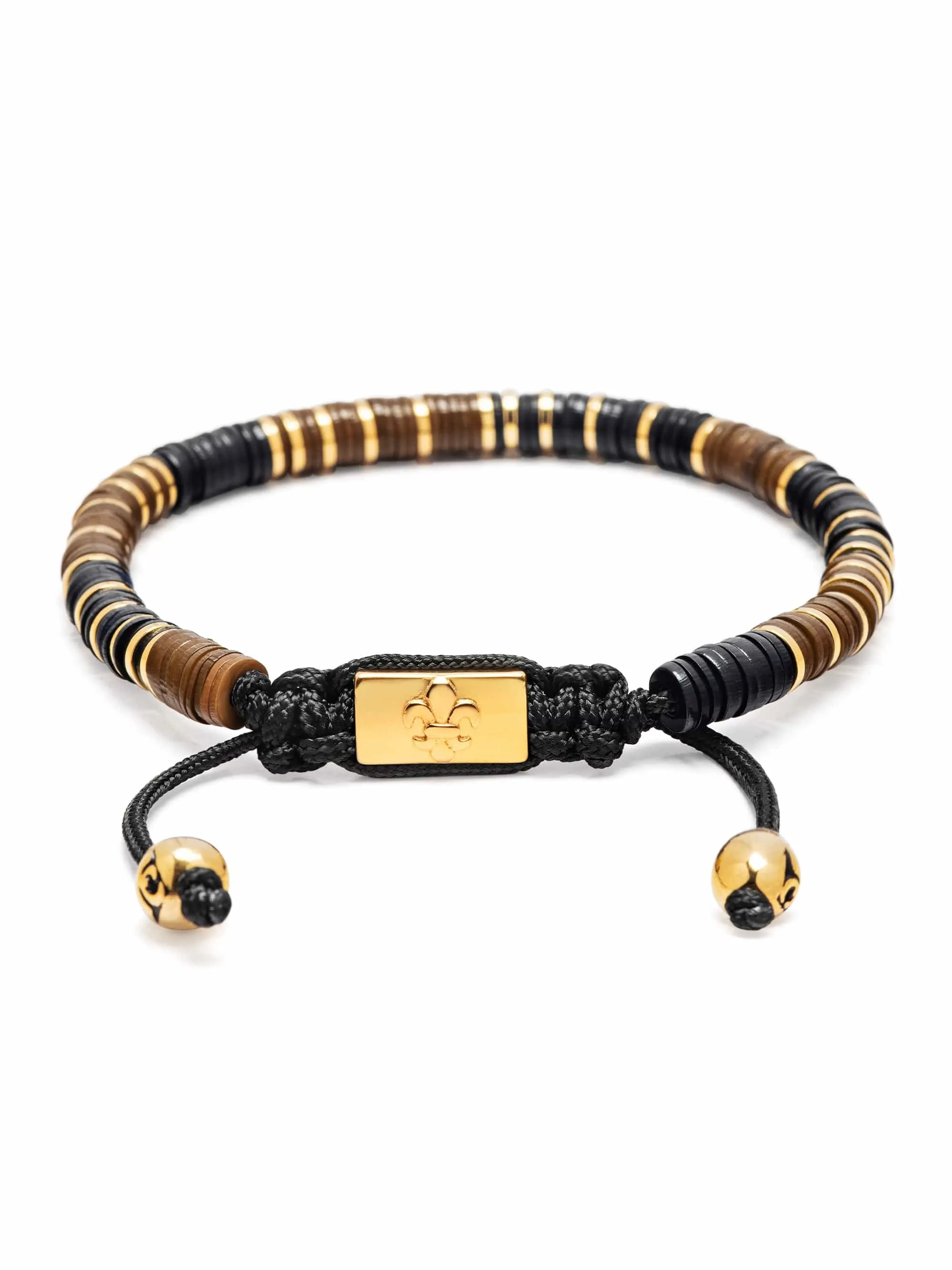 Men's Beaded Bracelet with Black, Brown and Gold Disc Beads