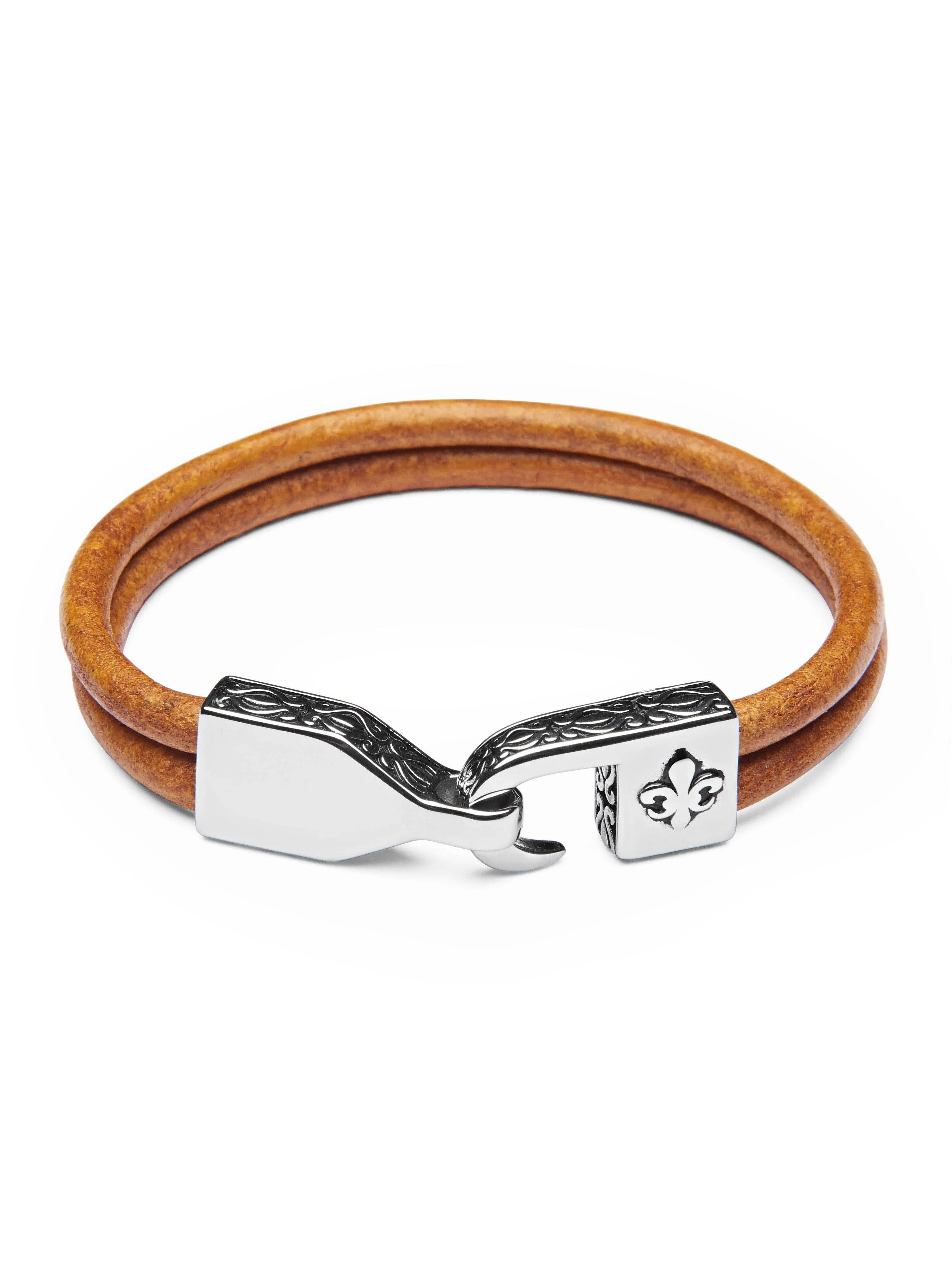 Men's Brown Leather Bracelet with Silver Fleur De Lis Lock