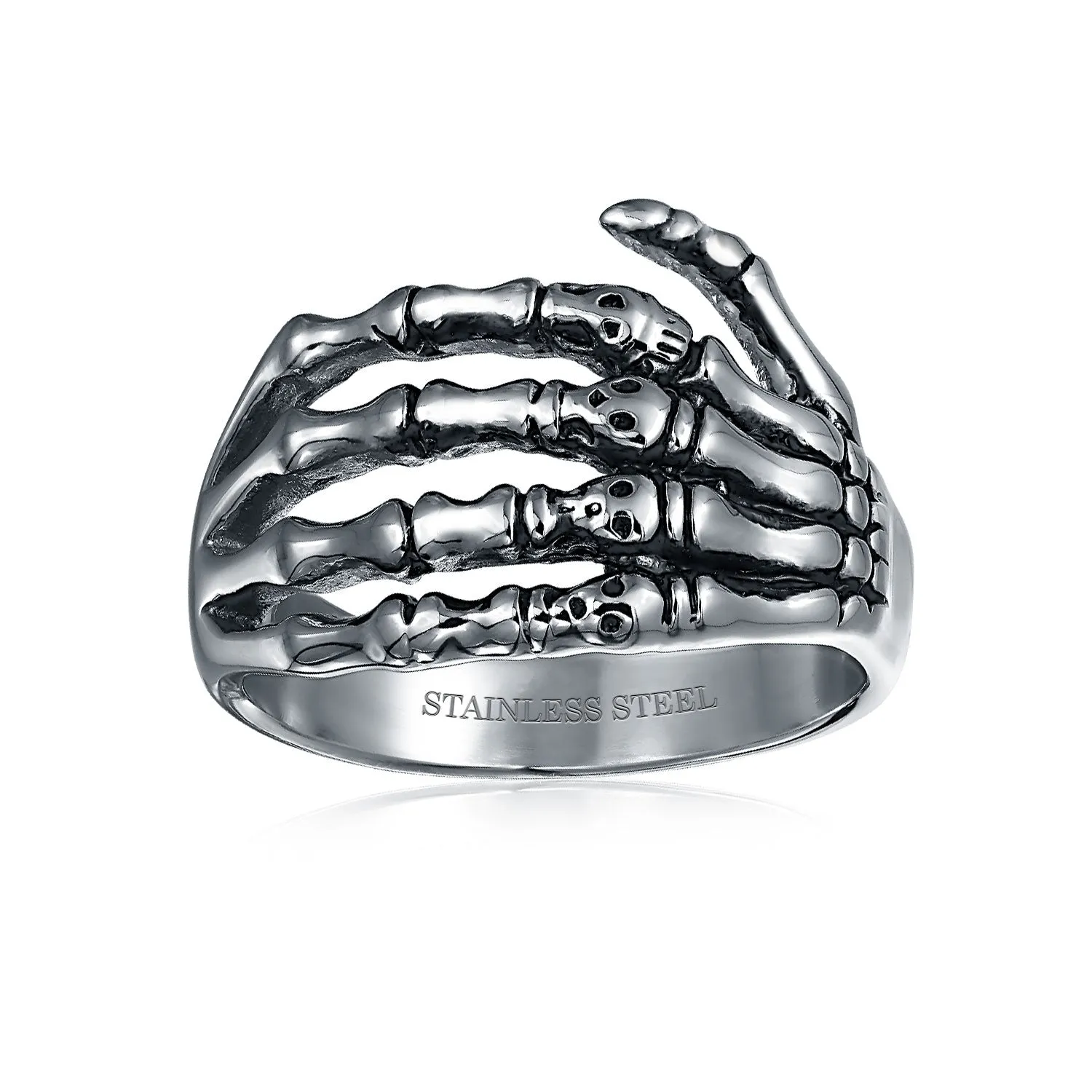 Mens Stainless Steel Goth Biker Punk Rocker Skeleton Hand Wrap Band Ring Silver Tone