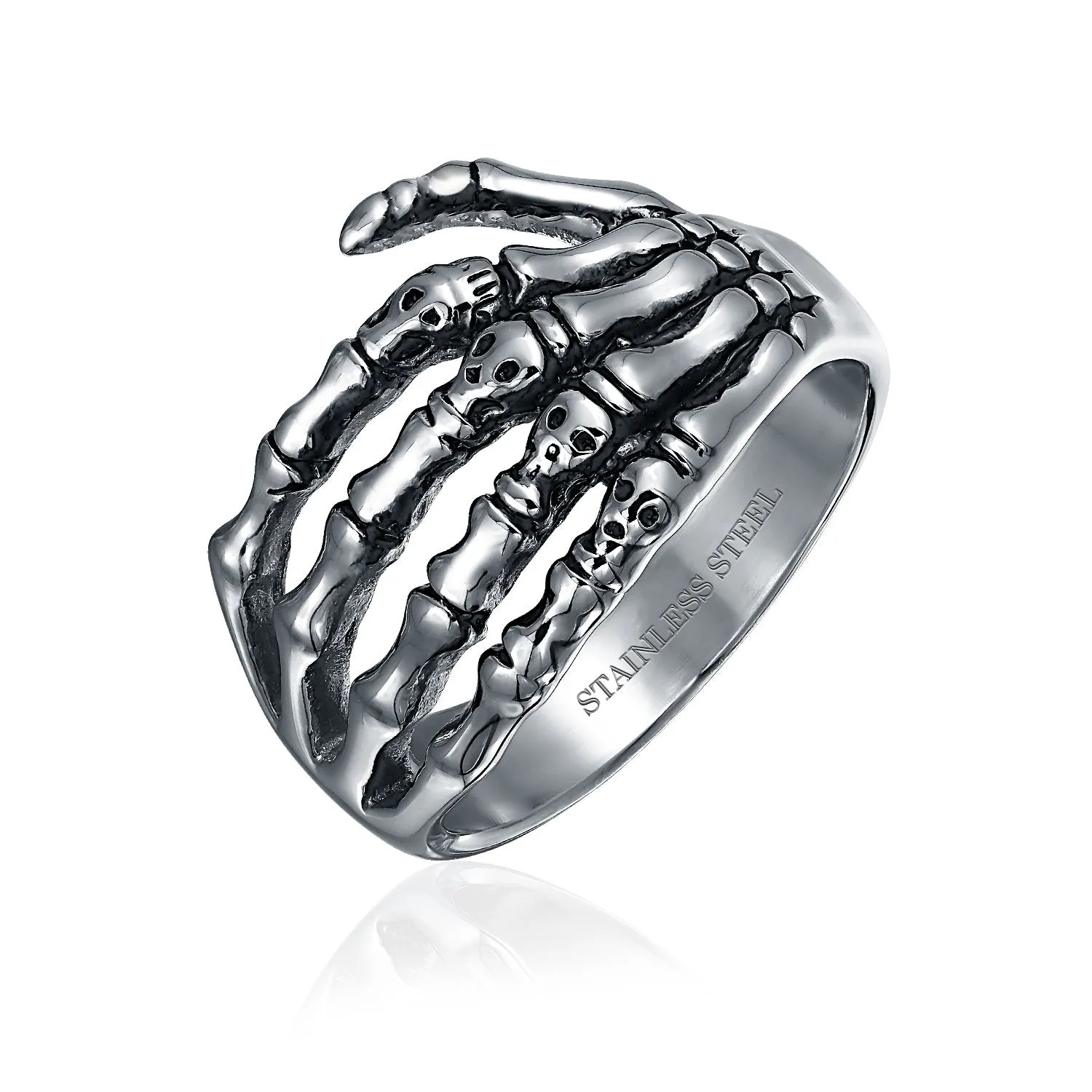 Mens Stainless Steel Goth Biker Punk Rocker Skeleton Hand Wrap Band Ring Silver Tone