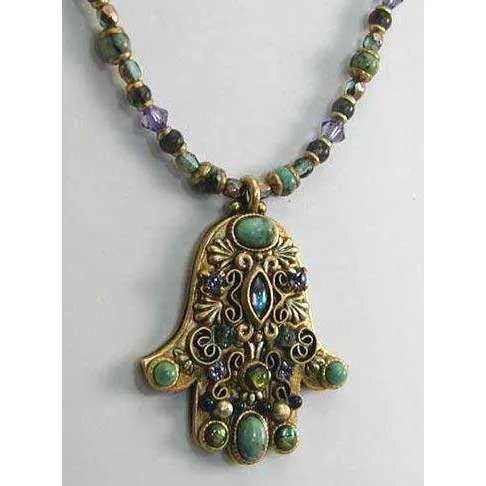 Michal Golan African Turquoise, Abalone and Amethyst Hamsa Necklace