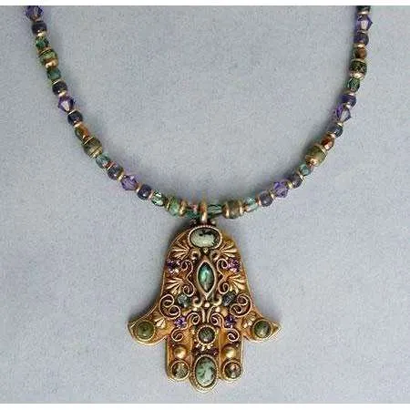 Michal Golan African Turquoise, Abalone and Amethyst Hamsa Necklace