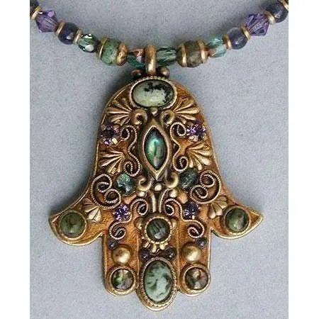 Michal Golan African Turquoise, Abalone and Amethyst Hamsa Necklace