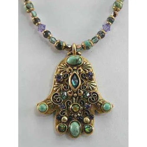 Michal Golan African Turquoise, Abalone and Amethyst Hamsa Necklace