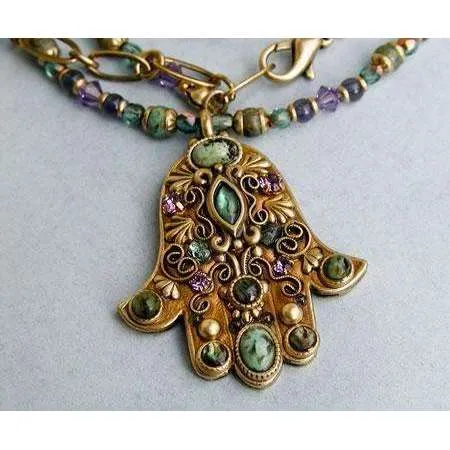 Michal Golan African Turquoise, Abalone and Amethyst Hamsa Necklace