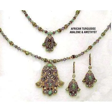 Michal Golan African Turquoise, Abalone and Amethyst Hamsa Necklace