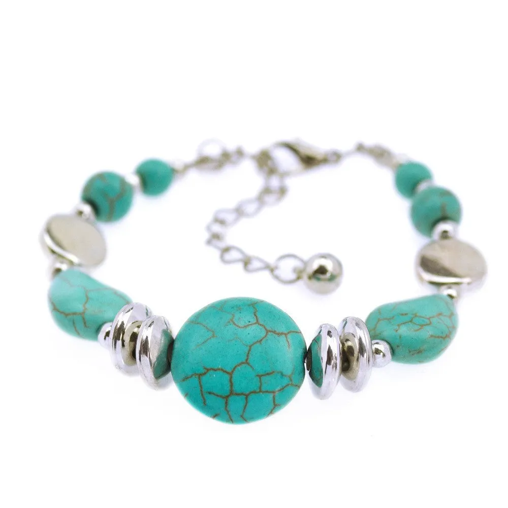 New Tibetan Silver Color Turquoise Bracelets & Bangles Inlay Roundness Bead Nation Bohemian Bracelets For Women Fine Jewelry