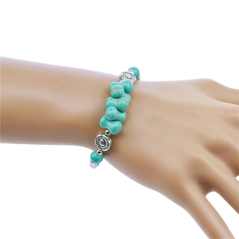 New Tibetan Silver Color Turquoise Bracelets & Bangles Inlay Roundness Bead Nation Bohemian Bracelets For Women Fine Jewelry