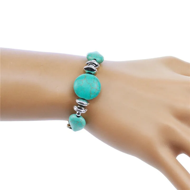 New Tibetan Silver Color Turquoise Bracelets & Bangles Inlay Roundness Bead Nation Bohemian Bracelets For Women Fine Jewelry