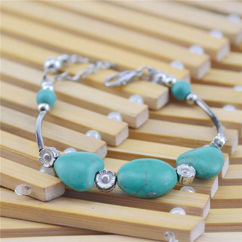 New Tibetan Silver Color Turquoise Bracelets & Bangles Inlay Roundness Bead Nation Bohemian Bracelets For Women Fine Jewelry